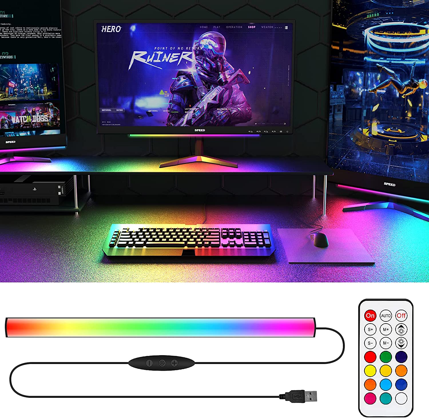 Sob a barra de luz do monitor  - Desk Setup Gaming Pc avaliação e preço